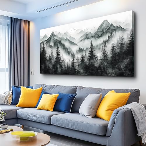 KELIYUAN Canvas Wall Art For Living Room Bedroom Wall Decor Home Office Black And White Foggy Forest Mountain Ink Landscape Paint Room Hallway Prints Artwork Picture Home Wall Aesthetics 20x40 In