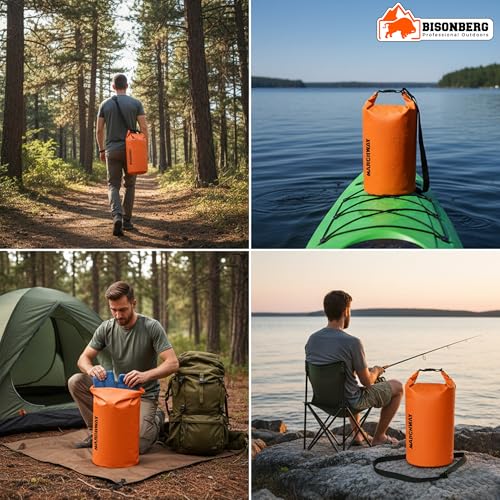Image of Bisonberg 10 Liters Waterproof Dry Bag, Orange, PVC, 10 Litre, Roll-Top with Adjustable Shoulder Strap for Kayaking, Boating, Camping