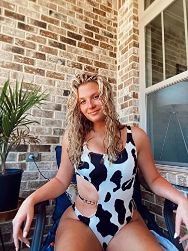 Womens One Piece Cow Print Pattern Cut Out Bodysuit Swimsuit Bikini Swimwear Rave Festival3