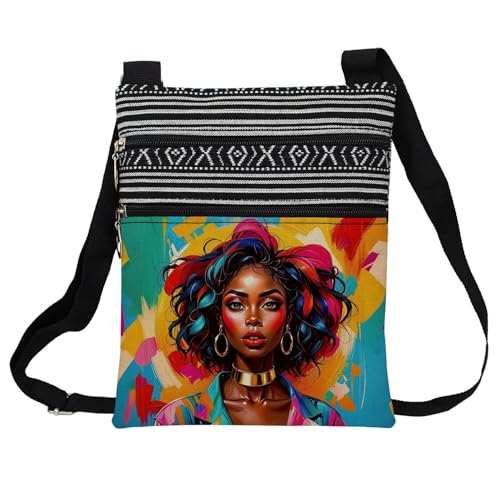African American Messenger Bag Small Ethnic Pattern Printed Adjustable Strap Crossbody Zipper Pouch Colorful Oil Painting Phone Organizer Wallet Cute Shoulder Handbag for Black Women
