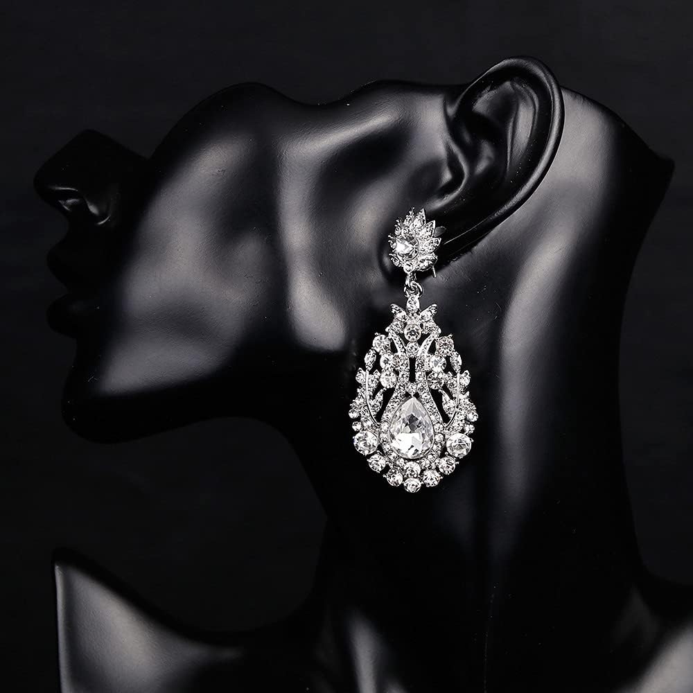 JWICOS Silver Floral Teardrop Wedding Bridal Earrings for Women Brides and Bridesmaids Chandelier Crystal Rhinestones Dangle Drop Earrings - Image 2