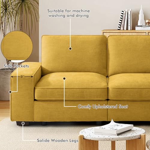 Image of TEKAMON 100 inch Modular Sofa with Seats Storage, Comfy 3-Seater Chenille Fabric Couch for Living Room, Office, Apart W /Deep Seat, USB Charging, Upholstered Couch with Removable Cover(Yellow)