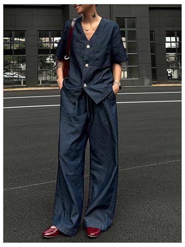 WDIRARA Women's 2 Piece Denim Outfits V Neck Button Down Shirt Wide Leg Pants Set4