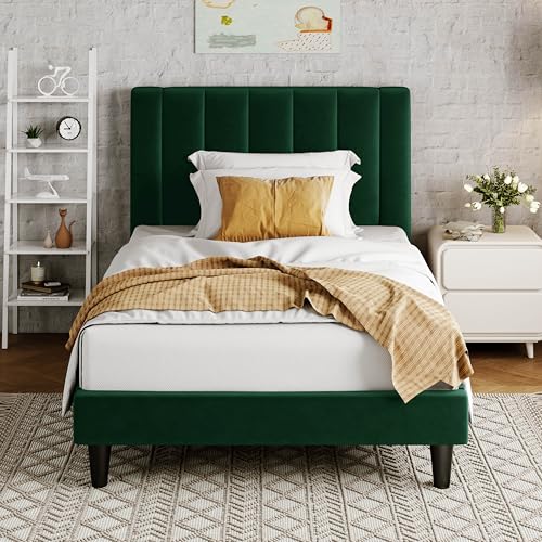 Image of Allewie Twin Bed Frame /Velvet Upholstered Bed Frame with Vertical Channel Tufted Headboard /Strong Wooden Slats /Platform Bed Frame /Mattress Foundation /Box Spring Optional /Easy Assembly /Green