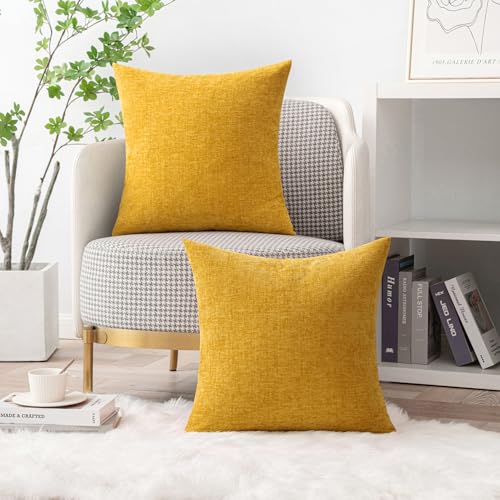 Image of MIULEE Pack of 2 Mustard Yellow Throw Pillow Covers 18x18 Inch Soft Spring Chenille Pillow Covers for Sofa Living Room Couch Solid Dyed Cases
