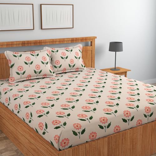 Image of NHD HOME Premium Cotton Elastic Fitted Bedsheets with 2 King Size Pillow Covers Double Bed with All Around Elastic Supersoft Size - 72 x 78 +10 inches Flower Print Beige and Orange 200 tc - 220 tc