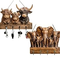 Rustic Highland Cow Wooden Family Key Holder, Highland Cow Ornaments Key Holder with 4 Metal Hooks, Decorative Hooks for Hanging Bags, Keys, Pendants at Entry Doors and Walls
