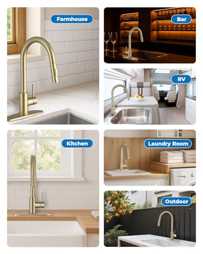Image of WEWE Kitchen Faucet with Pull Down Sprayer, Gold SUS304 Stainless Steel Kitchen Sink Faucets, High Arc Single Handle Faucet for Kitchen Sink, Commercial Modern Farmhouse RV Utility Faucet