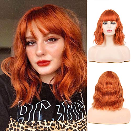 Baruisi Wavy Bob Wig with Bangs for Women Short Orange Curly Bob Wig Synthetic Natural Looking Halloween Cosplay Wig