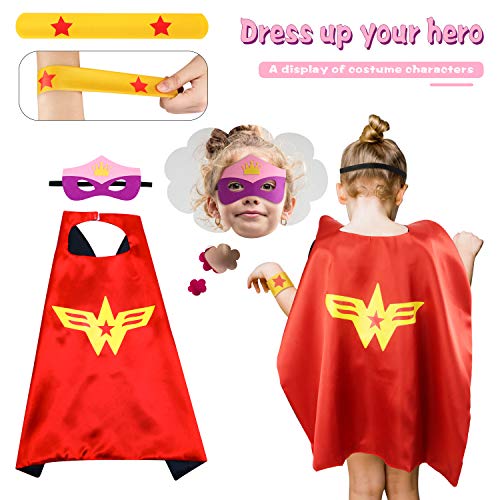 kuaima Superhero Capes for Kids Girl Halloween Cosplay Costume Party Christmas Double Side Cape Role Play Dress Up for Girl with Masks&Bracelet Slaps - Thumbnail 3