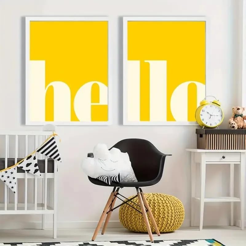 BMGKYAGL Żółte litery Hello Canvas Print Welcome Education Nursery Wall Art Plakaty do nowoczesnego salonu Dekoracja domu (70x100cmx2/ramki)