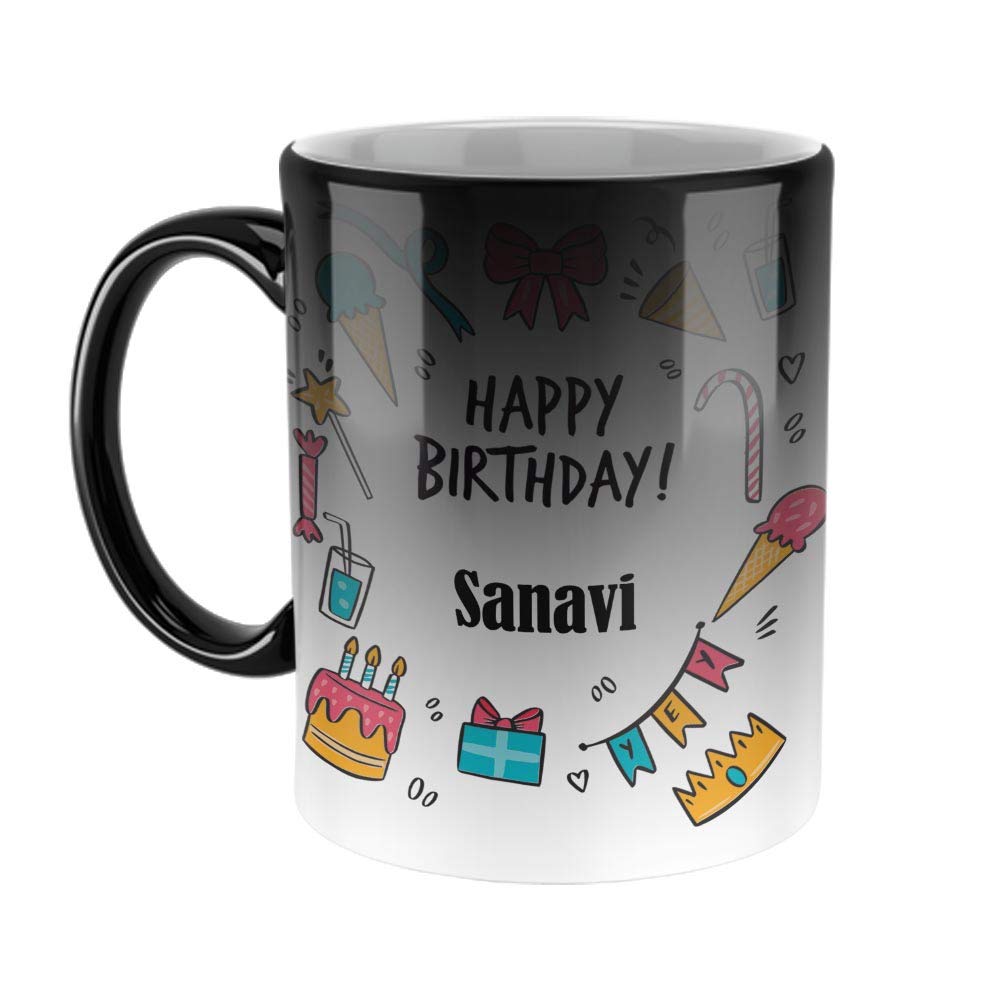 FurnishFantasyCeramic Coffee Mug - Best Gift for Happy Birthday Mug - Color Changing Magic Mug, Name - Sanavi