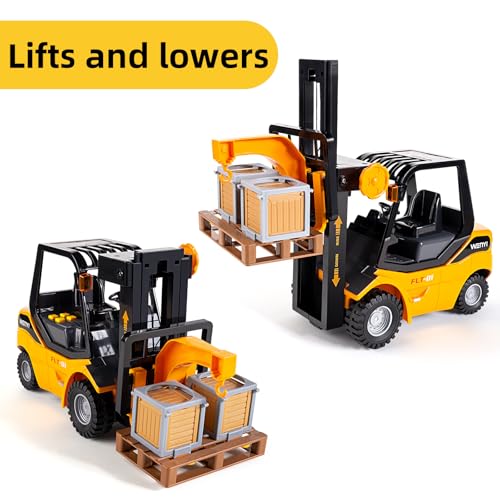 Image of 11.8 Inch Friction Powered Toy Forklift Truck with Lights & Sounds, 1 /16 Scale Construction Vehicle with Pallet & 2 Cargo Boxes, Push Car for Toddlers Age 3, 4, 5 Boys Girls - Easter Gifts