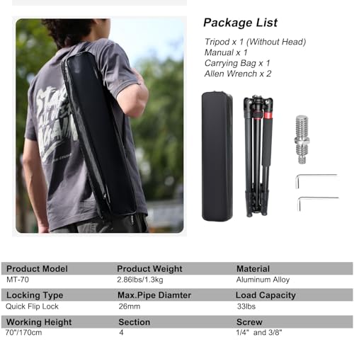 Image of Camera Tripod, 70 inch Video Tripod Without Head, Aluminum Heavy Duty Tripod with Carry Bag, Professional Camera Tripods & Monopods, Compatible with Canon, Sony, DSLR, Camcorder 33lbs (TM70)