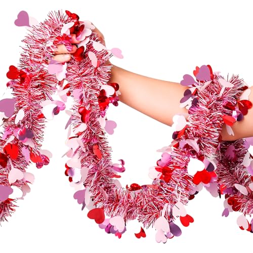 Valentines Garland Decor,50Ft Glitter Tinsel Heart Garland Decorations for Tree Mantle Bedroom Office Classroom Party Indoor Outdoor Holiday Home Pink Red White