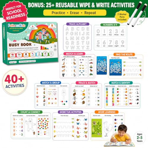 Image of FullnessKids 40+ Activities Busy Book for Toddlers 1-5 Years | Montessori Busy Binder & Preschool Learning Toy | Reusable Velcro & Wipe-Clean Pages | Fine Motor Skills, Sensory Play, School Readiness & Travel Activity Book | Gift for Boys & Girls