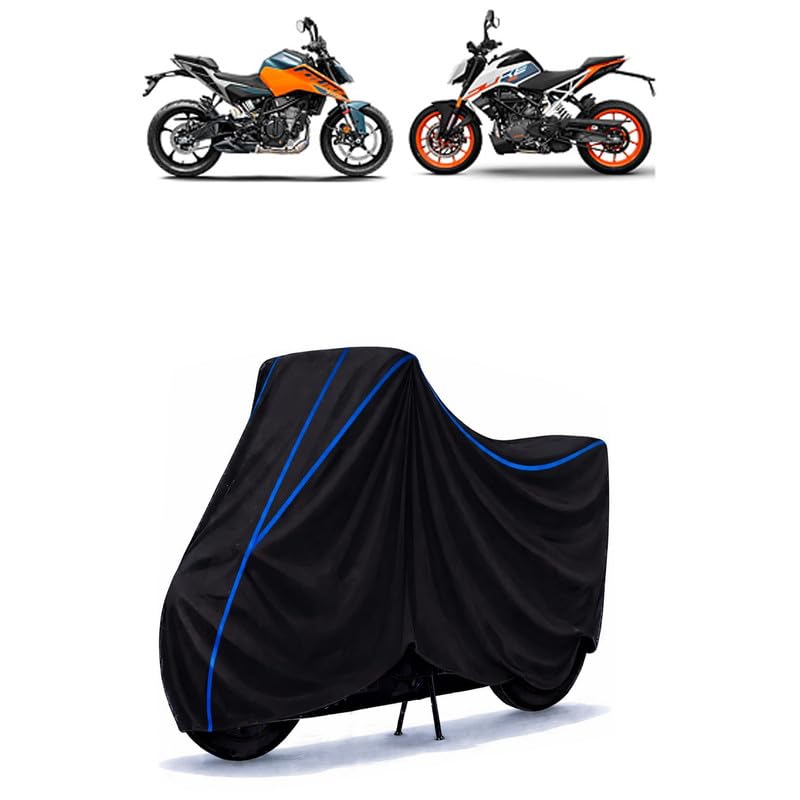 Image of KTM 125 Duke Bike Cover Water Resistant Universal Motorcycle Rain | Heavy Duty UV Protection, Dust, Scratch Indoor Outdoor All Weather with Black Blue Piping Elastic