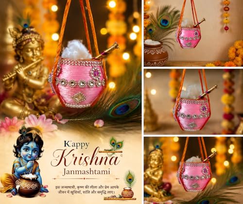 Image of Handmade Laddu Gopal Matki, Dahi Handi Hanging Pot, Janmashtami Decoration, Pooja Shringar Accessory, Multicolour