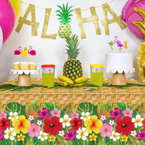 Image of 4 Pcs Hawaiian Luau Tablecloths Hawaiian Luau Table Cloths Tropical Palm Leaves Tablecloth 86 x 51 in Palm Leaves Table Cloth Baby Birthday Party Summer Pool Tropical Party Decorations (4)