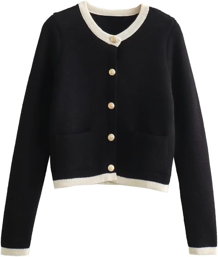 Women's Spring Round Neck Single-Breasted Collision Color Knit Sweater Short Jacket