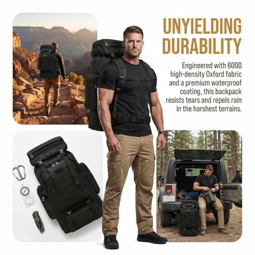 70L Hiking Backpack for Men, Waterproof Lightweight Camping Backpack, Military Rucksack with Molle, 3-Day Assault Pack for Travel, Climbing, Outdoor Sports(Black) - Image 5