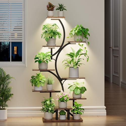 Plant Stand Indoor with Grow Light: Lighted Plant Stands 56.5" Tall, 9 Tiered Large Plant Shelf for Indoor Growing, S-Shaped Flower Holder Display for Multiple Plants, Living Room, Patio (Black)