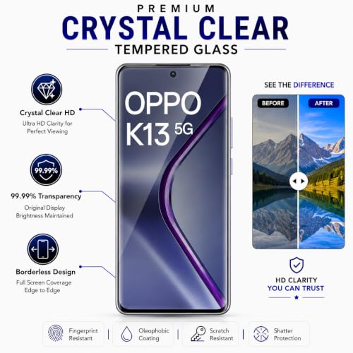 Image of ArmourPro 3D Borderless Tempered Glass for Oppo K13, HD Clear Curved Edge to Edge Screen Protector, 9H Hardness, Oleophobic Coating, Case Friendly | Pack of 1