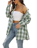 HangNiFang Flannel Plaid Shirts for Women Oversized Button Down Shirts Blouse(0768-LightGreen-L)