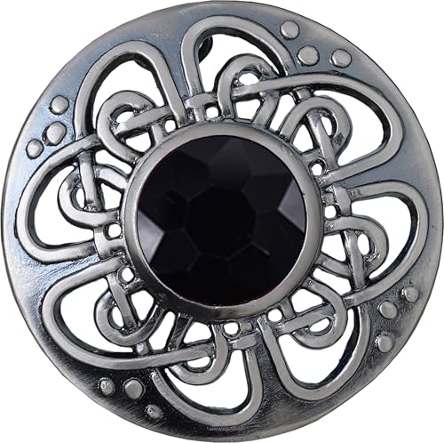 Elegant Culloden Plaid Brooch – Scottish Kilt Fly Plaid Brooch Intricate Celtic Knot in Pewter with Gemstone 3-Inch Diameter – Ideal for Scottish Kilts & Formal Wear