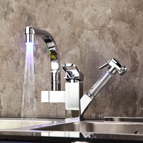 Novelty Design Ceramic Valve Ouku?Deck Mount Contemporary Color Changing LED Pull Out Kitchen