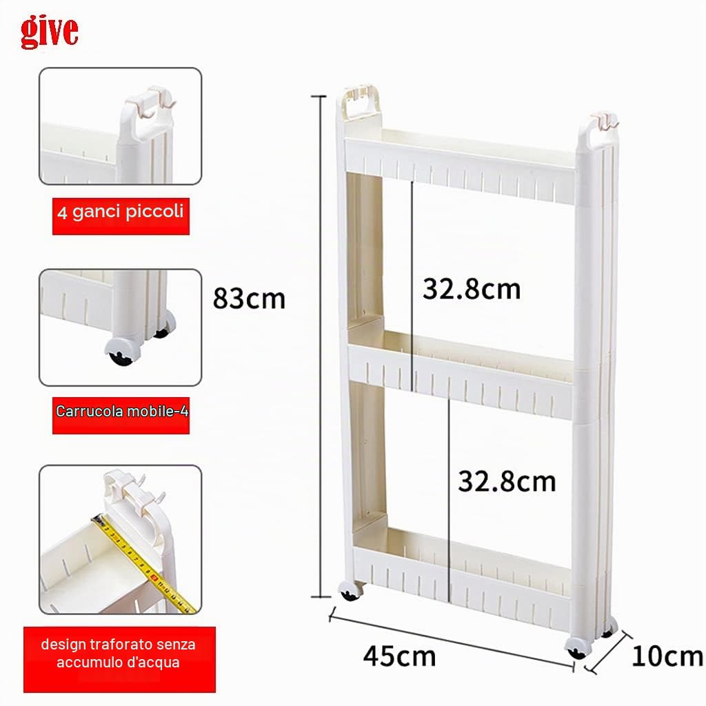 Carrello di Stoccaggio 3-Livello, 10cm Carrello Portaoggetti Scaffale con Ruote, Carrellino Salvaspazio per Cucina Bagno Lavanderia Sedili Stretti, Bianco (Size : 3 Layers - Heighten)