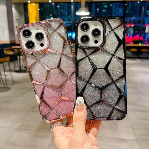 Image of VONZEE Gradient Glitter Case For iPhone 16 Pro Max, Luxury Electroplated 3D Cube, Diamond Bling Shiny Soft TPU Clear Shockproof Case Women Girls Protective Phone Cover (Black)