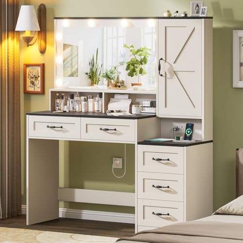 Farmhousevanitydeskwithmirrorand10ledlights453largemakeupvanitytablewithpoweroutlet5drawersand1cabinetvanitysetdressingtablewith9hooksforwomengirlswhiteblack Urban Country Home Decor Farmhouse vanity desk with mirror and 10 led lights 453 large makeup vanity table with power outlet 5 drawers and 1 cabinet vanity set dressing table with 9 hooks for women girls whiteblack urban country home decor