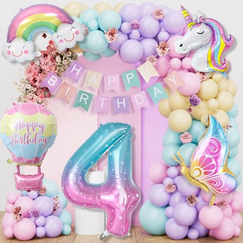 YEJIKJ Unicorn Balloons 4th Birthday Decorations Unicorn Party Decorations 4th Birthday Banner for Girls Boys