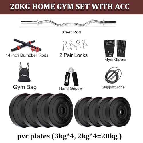 Image of Star X Home Gym Kit for Men & Women | Exercise Equipment | 3ft Curl Rod, PVC Dumbbell Plates, Leather Gym Gloves, Gym Bag, Skipping Rope & Other Accessories