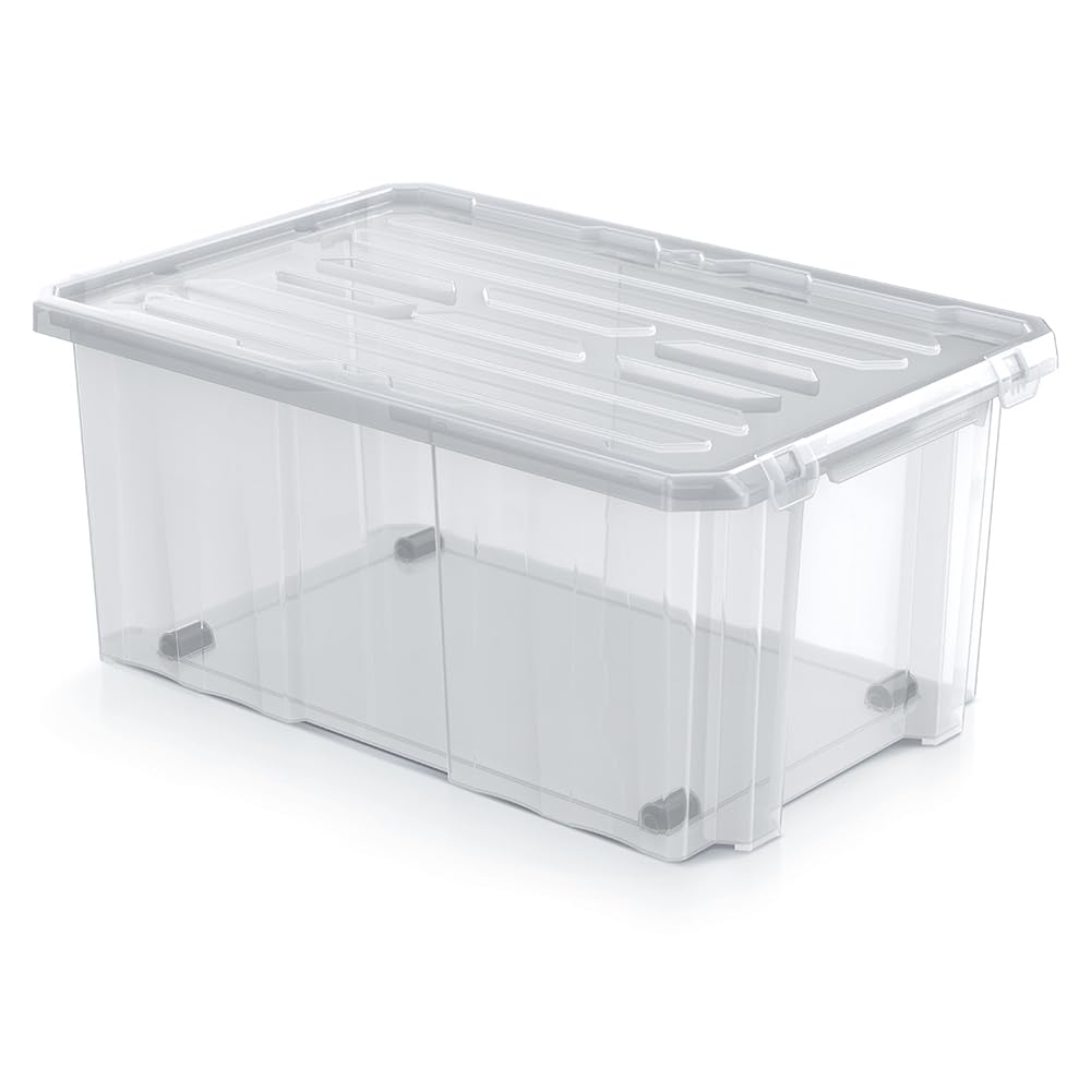 Set di 10 Scatole Contenitori Trasparenti con Coperchio Cargobox 60x40x26,5 cm 16 Litri Impilabili in Plastica Resistente