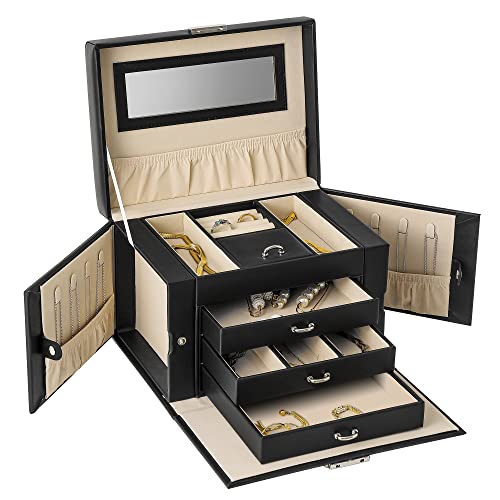 KILHS Kunstleder riesige Schmuckschatulle Spiegel Uhr Aufbewahrungsbox Halskette Ring Ohrringe abschließbare Geschenkbox (schwarz) Cover