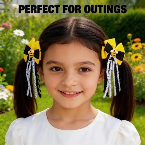 Pinzas para el pelo Yellow Bee Bow para niñas, 2 piezas, lazos rizados con puntos, clips para cabello para salidas de primavera y peinados diarios miniatura 7