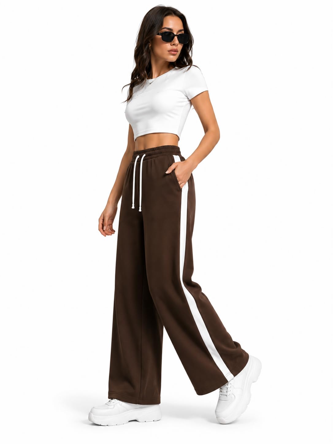 Women's Wide Leg Sweatpants, Brown with White Side Stripe, Drawstring High Waist, Casual Track Trousers (in, Alpha, XL, Regular)-picture-26
