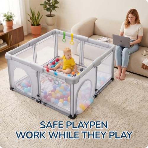 Image of Foldable Baby Playpen, 1-Minute Setup, Lightweight Portable Playpen with Carry Bag, 50 inchx50 inch Indoor Outdoor Safty Play Yard for Babies & Toddlers, Light Gray