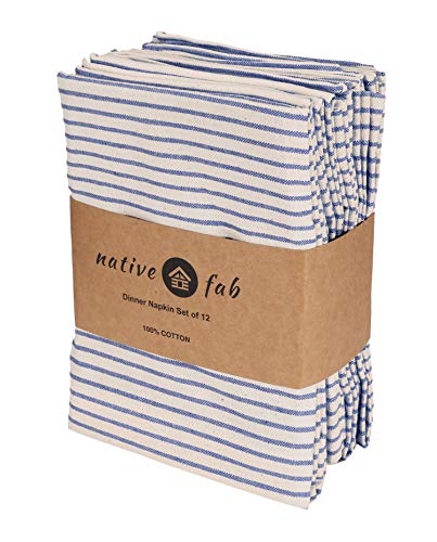 Native Fab Set of 12 Farmhouse Stripe Cloth Dinner Napkins Cotton 18x18 Absorbent Soft Restaurant Hotel Quality, Everyday Use Easy Care Washable Wedding Dinner Napkins Blue Beige