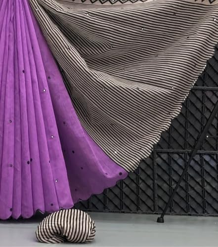 Image of Linen Cotton Saree with Black Mirror Work