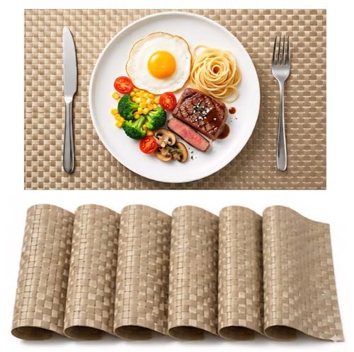 Image of Dribble Premium Anti UV-Mesh Woven PVC Table Placemats Set of 6 - Non-Slip, Heat Resistant, Washable Dining Table Mats for Kitchen, Dining & Office - 45cm X 30cm Durable Textured Design (Golden)