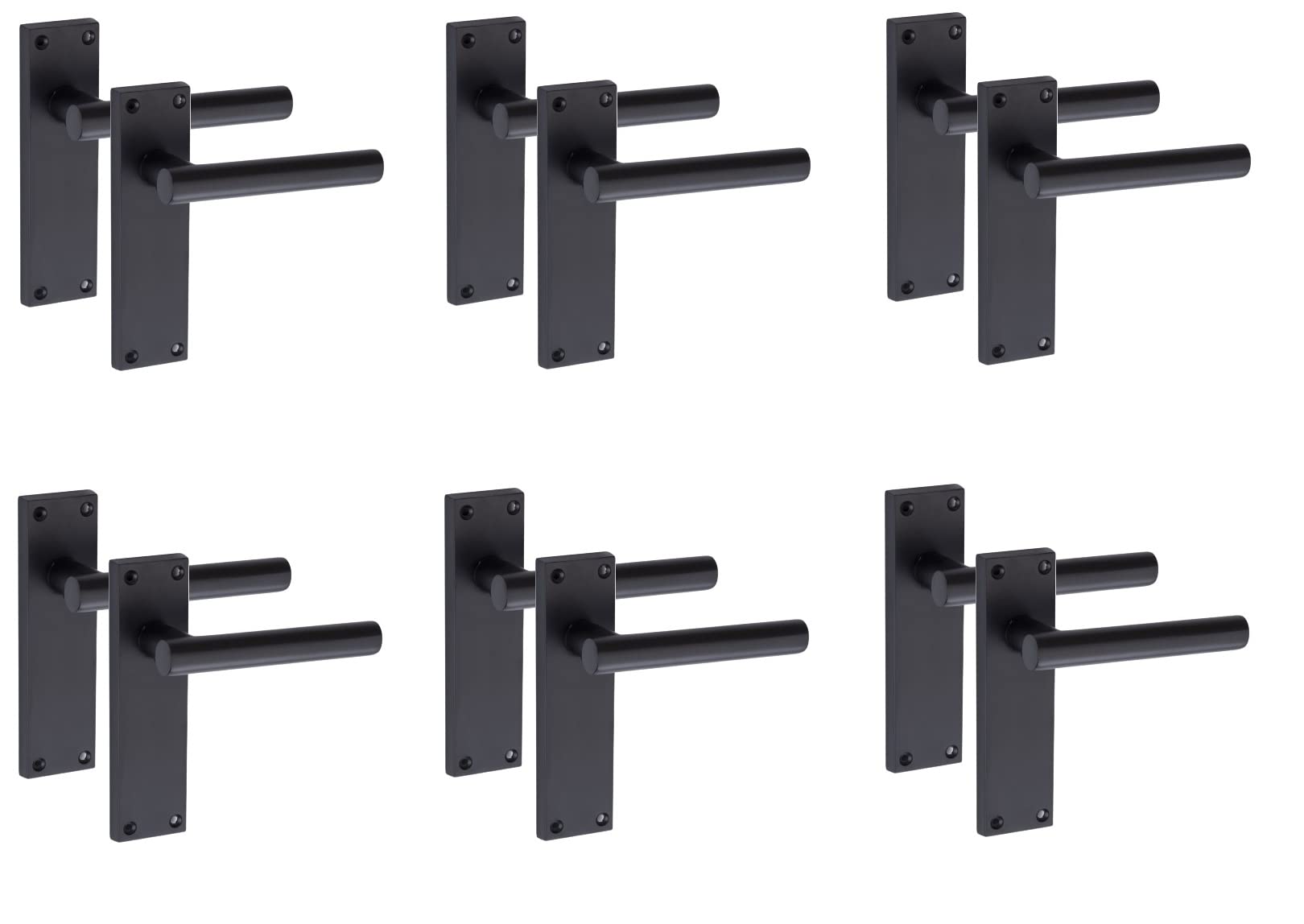 Golden Grace Door Handle Straight T-Bar Modern Lever Backplate for Latch, Matt Black Finish, 6 Pairs - 150mm x 40mm