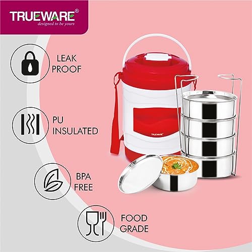 Image of Trueware Marina 5 Lunch Box with 5 Steel Container, 300 ml X 5 Red | PU Insulated | Tiffin | Hot Lunch Box | Leak Proof | Easy to Carry | Food Grade | BPA Free | Office | Outdoors | for Men Women