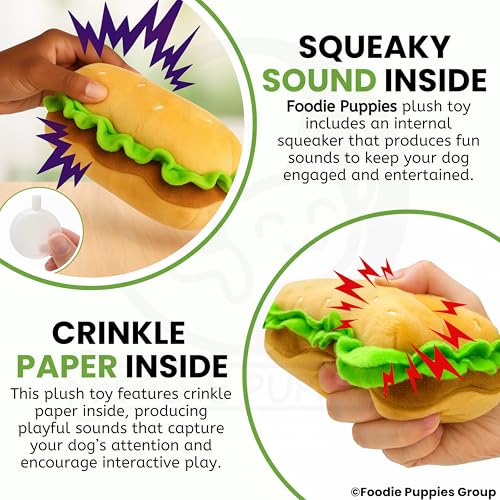 Image of Foodie Puppies Dog Squeaky Plush Toy - (Sandwich) | Durable, Bite-Resistant & Soft Stuffed Chew Toy | Safe, Fun & Interactive for Playtime, Dental Exercise & Teething for Small to Medium Dogs (5cm)