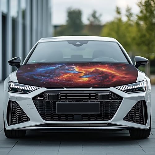 Image of Wolf and Flame Car Hood Cover Polyester Elastic Fabrics Can be Washed Suitable for Auto Car Truck, Van, SUV, Pickup,Car Accessories