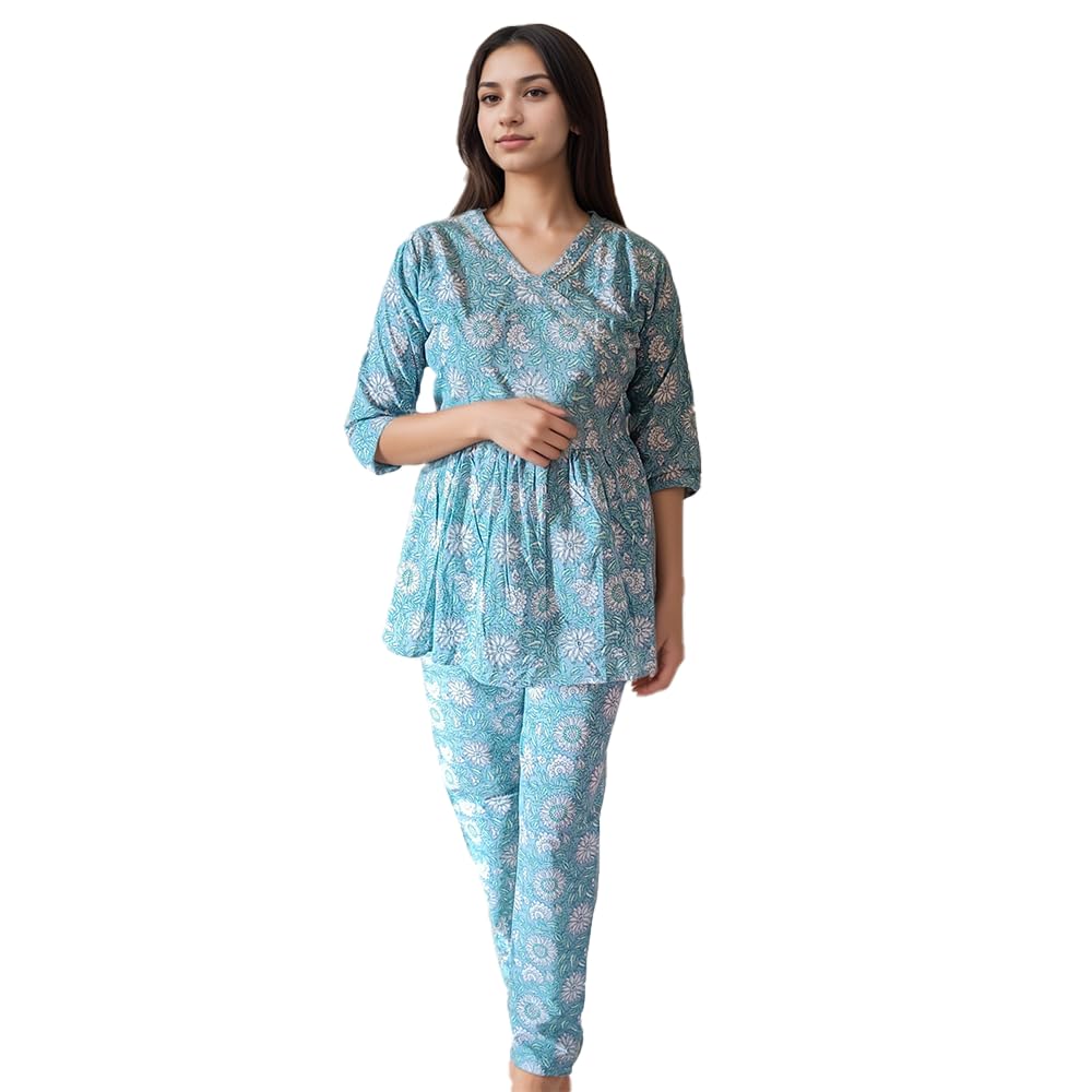 Women's Block Print Cotton Peplum Top and Pant Co-ord Set, Teal Floral Set-image-16