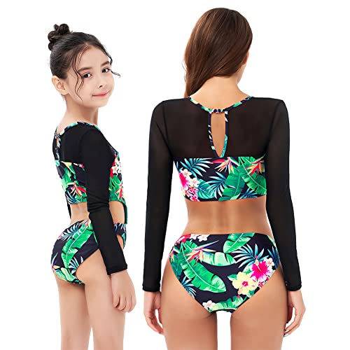 Mommy And Me Swimsuits Family Matching Swimwear Women Girls Long Sleeve Uv Sun Protection Rash Guard Shirts Monokinis Cutout Leaves Print One Piece Swimsuit Bathing Suits Green Leaves 7-8 Years #TOP1