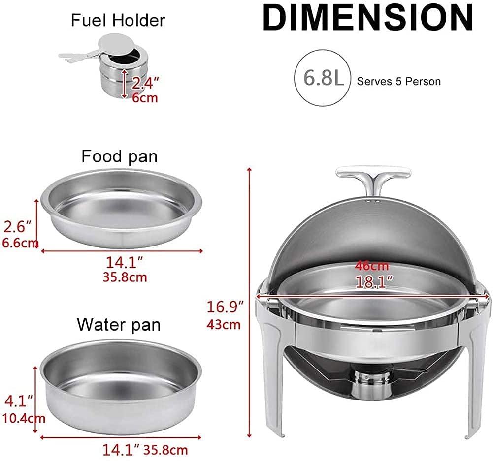 Scaldavivande Rotondo Con Coperchio Arrotolabile, Set Da 6,8 L In Acciaio Inox Di Dimensioni Standard E Scaldavivande Per Buffet Con Teglia Per Cibo, Teglia Per Acqua E Porta-Combustibile Per Matrimo